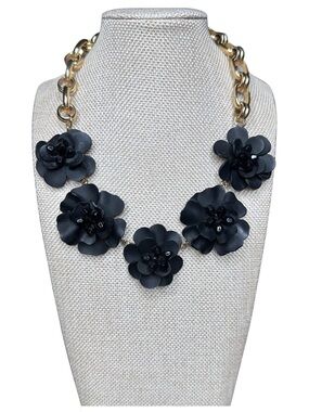 Talbots Black Floral Cluster Necklace with Gold-Tone Chain